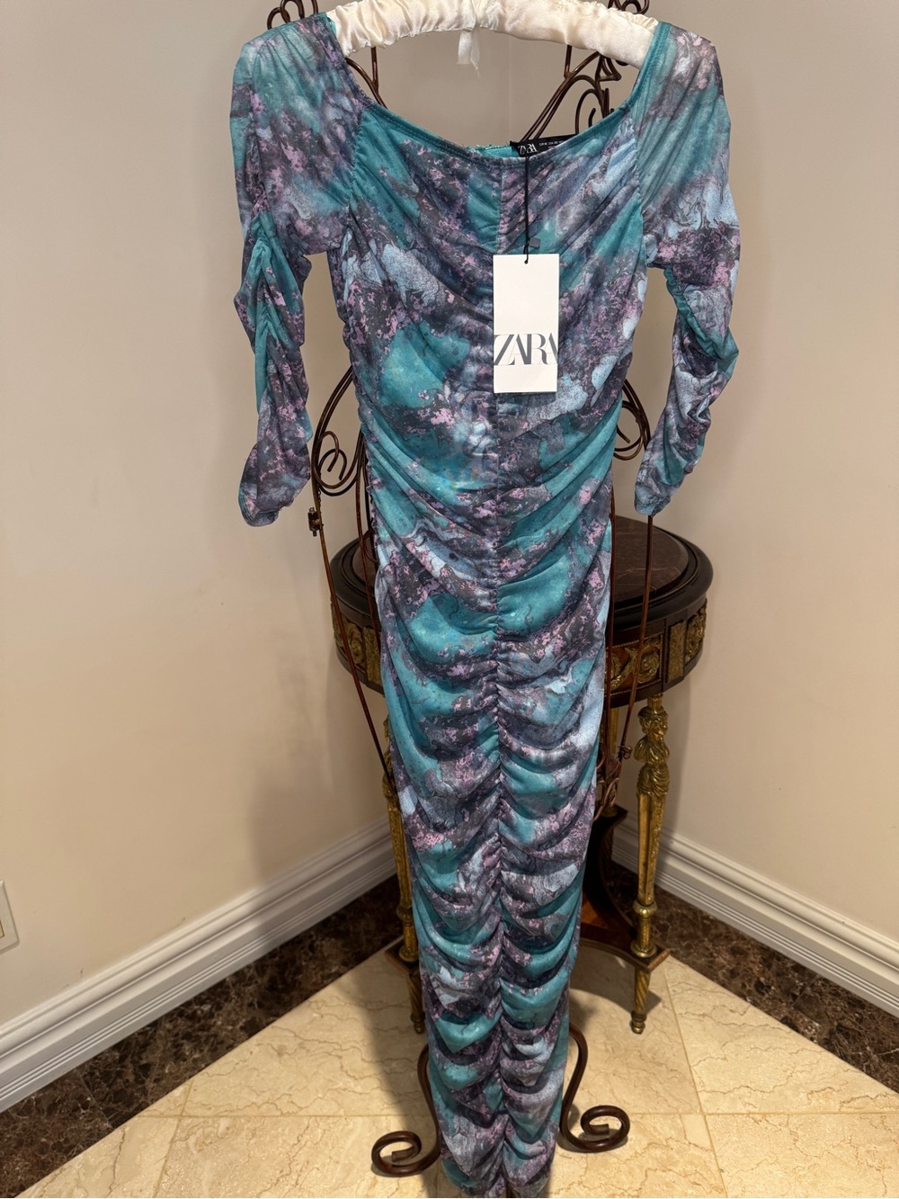 ZARA Teal Ruched Bodycon Maxi Dress
